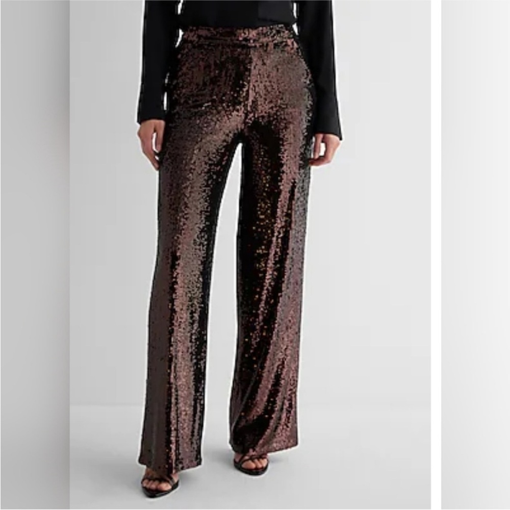 Express Black and Bronze Sequin Wide-Leg high waisted Pants NWT